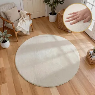 Homcomodar Runder Teppich Wohnzimmer 120cm Beige Wohnzimmerteppich Flauschiger Teppich Anti-Rutsch Teppiche Schlafzimmer Kurzflor für Schlafzimmer,Wohnzimmer,Esszimmer,Küchenteppich,Kinderzimmer