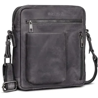 ROYALZ 'Antonio' Herrentasche Leder klein im Vintage Look - kleine Männer Umhängetasche aus Echtleder - kompakte Messenger Bag Ledertasche Herren mir Reißverschluss, Farbe:Navy Grau