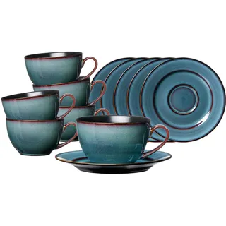 Ritzenhoff & Breker Bali Kaffeetassen mit Untertassen 6er Set, 220 ml, Tassen-Untertassen-Set für 6 Personen, Skandinavisches Design mit Reaktivglasur, Steinzeug, Blau