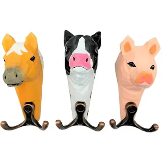 your castle Wandhaken Bauernhof Tier Familie Tierköpfe - 2-fach Garderobenhaken aus Holz 3er-Set Pferd, Kuh, Schwein, 11 x 6 cm