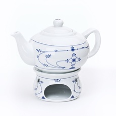 Wilhahn (früher Ocean Line )Set Teekanne mit Stövchen 0,75l Porzellan Indisch Blau / Strohblume