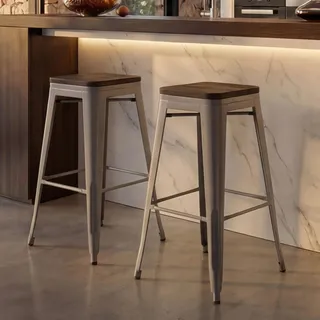 2er-Set Barhocker HWC-A73 inkl. Holz-Sitzfläche, Barstuhl Tresenhocker, Metall Industriedesign stapelbar grau - Grau