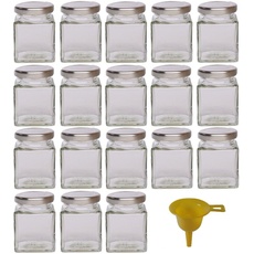 18 kleine Marmeladengläser für 106ml mit silbernem Deckel/für Konfitüre, Gewürze, Salze, Öle - inkl. einem gelben Einfülltrichter