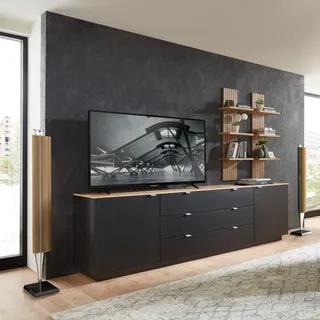 TV Sideboard Set mit Wandregalen Fernsehschrank schwarz mit Eiche, Breite 240 cm CUST-36 - Schwarz