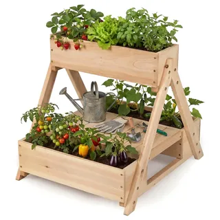 COSTWAY vertikales Hochbeet, A-Rahmen, 2 Etagen Blumenbeet Tannenholz, Gartenbeet mit 3 Pflanzkästen & offener Ablage, Blumenkasten 66 x 58 x 60 cm - Naturbelassen