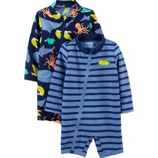Simple Joys by Carter's Baby Jungen Assorted Rashguard-Set Einteiliger Badeanzug, Marineblau Meereslebewesen/Purpur Streifen, 3-6 Monate (2er Pack)