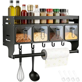 OJTOJT Küchenregal Wand Ohne Bohren, Gewürzregal Hängend Mit Küchenrollenhalter, Wand Aus Metall, Gewürz Organizer Regal Für Küchen Arbeitsplatte Schrank (mit 4 Gewürzbox)