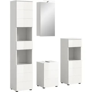 Badmöbel-Set WELLTIME "Biel, Höhe 190 cm,Hochschrank,WBU, Spiegelschrank, Unterschrank, Lampe", weiß (weiß melamin), B:144cm H:190cm T:35cm, Kastenmöbel-Sets, Badmöbel-Set, Bad Set, modern, Hoch-und Unterschrank, Spiegel, Aufsatzleuchte