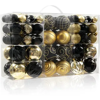 Miaikoe 100pcs Weihnachtskugeln Ornamente Set Dekoration, zerstörungsdichte Weihnachtsdekorationen hängende Ornamente für Home Winter Urlaub Dekor (Schwarz & Gold)
