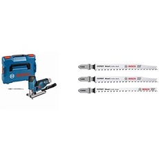 Bosch Professional Stichsäge GST 12V-70 (2x Sägeblatt, ohne Akkus Ladegerät, in L-BOXX) +3x Stichsägeblatt Set Expert ‘Hardwood 2-Side Clean‘ (Küchenarbeitsplatte, Kunststoffbeschichtete Platten)