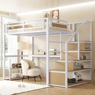 Hochbett 140x200 cm mit Aufbewahrungsleiter, Regalen und Schreibtisch, Sicherheitsgeländer, Metallbett mit Stauraum und robustem Eisenrahmen, Weiß - Weiß