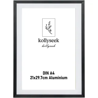 kollyseek Bilderrahmen Aluminium DIN A4 21 x 30 cm Schwarz Metall Posterrahmen mit bruchsicherem Acrylglas modern Fotorahmen Picture Frame mit Passepartout für Bilder Poster Fotos schwarz