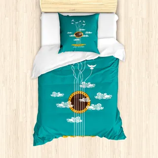ABAKUHAUS Gitarre Mantele, Musikalische Freiheit Vogel, Milbensicher Allergiker geeignet mit Kissenbezügen, 135 cm x 200 cm - 80 x 80 cm, Turquoise Marigold Weiß