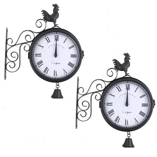 2er Set Wanduhr - Große Outdoor Garten Wanduhr - 20 cm Durchmesser - Rustikales Metall - Vintage Deko für Terrasse Balkon - Quarzwerk - Nicht wasserdicht - Schwarz