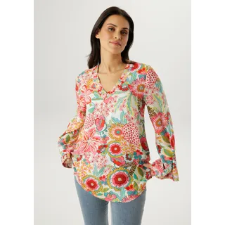 Schlupfbluse ANISTON SELECTED, Damen, Gr. 38, pink, ocker, rosa, türkis, limone, terra, schwarz, Web, Obermaterial: 100% Viskose, geblümt, gemustert, oversize Po-bedeckend, V-Ausschnitt, ausgestellter Saum, Blusen Schlupfbluse, mit langen, weit ausgestellten Trompetenärmeln