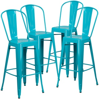 Flash Möbel Hohe Kristall Blau Metall Indoor-Outdoor Barhocker mit Rückenlehne, Metall, Crystal Teal-Blue, 4er-Packung