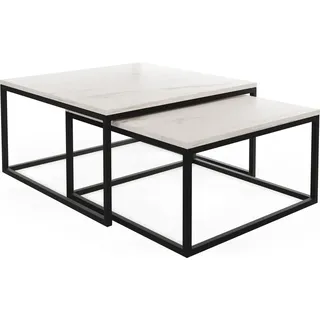 Rechteckige Quadratische Satztische Couchtische mit Schwarz Gestell - Loft Style Couchtische Metallbeine - 2 in 1 - Zwei Industrielle Getrennte Tische für Wohnzimmer - Marmor Weiß - Weiß