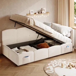 STILVORA Polsterbett 90x190 cm mit USB-Ladegerät ,Kinderbett mit Lattenrost,Schlafsofa, Stauraumbett mit Stautasche , Jugendbett und Kinderbett,Samt, beige (ohne Matratze) - Beige
