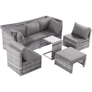 Komhtom Gartenlounge-Set mit Sonnendach, Wetterfest - grau , Grau , Metall , Mode , rechteckig , Gartenmöbel, Gartengarnituren, Gartenmöbel-Sets