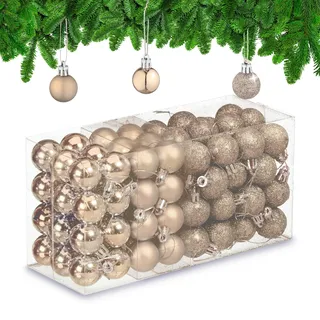 Relaxdays Weihnachtskugeln 96er Set, glitzernde, Matte, glänzende Baumkugeln, Weihnachtsbaumdeko, Kunststoff, Champagner