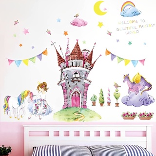 WandSticker4U®- XXL Aquarell Wandtattoo PRINZESSIN SCHLOSS Mädchen I Wandbilder: 105x90 cm I Wand Aufkleber Wandsticker Mädchenzimmer rosa Blumen Einhorn Elfen Baby-Kinder-zimmer Deko