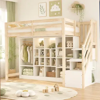 STILVORA Hochbett 90x200 cm mit integriertem Stauraum und Kleiderschrank, Bettgestell mit Seitenleiter und zusätzlichem Stauraum unter den Stufen, Kinderbett mit LED-Beleuchtung und mehreren Fächern in Holzfarbe - Braun