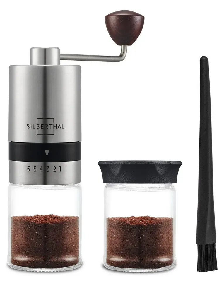 Bild von Kaffeemühle Manuell Kegelmahlwerk - Verstellbarer Mahlgrad - Handmühle aus Edelstahl und Glas - Ersatzglas