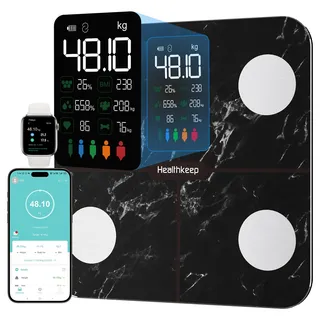 HEALTHKEEP Körperfettwaage Personenwaage, Waage Personen mit Körperfett und Muskelmasse 15 Körperdaten Körperwaage mit Körperfettanalyse, Personenwaage Digital Testsieger, Smart Waage mit APP, Großes Display
