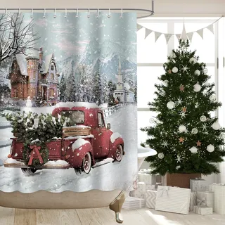 APROPHIC Duschvorhang Weihnachten, Weihnachtsduschvorhang, LKW Weihnachtsvorhang, Badezimmervorhang, Wasserdichter Stoff mit Haken, Duschvorhang 180 x 180cm
