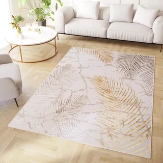 TAPISO Crystal Teppich Kurzflor Gold Creme Glänzend Blätter 140 x 200 cm | Floral Wohnzimmer Diamant Palmen 3D Effekt Modern Design Schlafzimmer OEKO-TEX