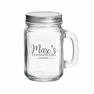 Personalisiertes Trinkglas mit Gravur, Henkelglas mit Deckel 450 ml, Glas mit Name für Eiskaffee, Geschenk für Freundin Mama (Feierabend Glas)