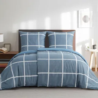 RUIKASI Bettwäsche 135x200 4teilig Denimblau - Bettbezüge 135 x 200 2er Set mit Karo Muster, Bettwäsche-Sets 135x200cm aus Mikrofaser mit Reißverschluss Weich und Bügelfrei