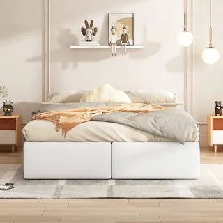 Flieks Polsterbett 140x200cm mit 2 Schubladen, Hydraulisches Boxspringbett mit Lattenrost, Stauraumbett Doppelbett Holzbett ohne Kopfteil, Weiß - Weiß