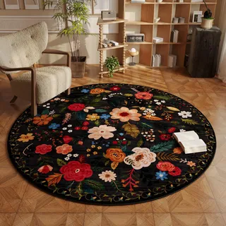 Rugcomf Runder Teppich, 182 cm, waschbar, rutschfest, niedriger Flor, Boho-Blumenmuster, Kleiner runder Teppich für Schlafzimmer, Badezimmer, Eingangsbereich, Kinderzimmer, Büro, Studentenwohnheim