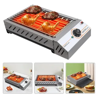 Elektrischer Tischgrill - Elektrogrill für Balkon und Camping - 2500 W Leistung - Edelstahlgehäuse - Temperaturregelung 50–300 °C - Grillfläche 42,5x22 cm - Silber