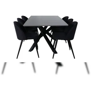 VCM PiazzaGRBL Essgruppe Esstisch grau und 6 Velvet Esszimmerstühle schwarz. - Schwarz