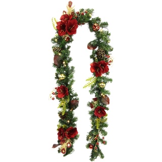 Girlande mit künstlichen Blumen Amaryllis Tanne Zapfen Beeren Blätter Feder Glitzer mit LED Beleuchtung batteriebetrieben Deko Weihnachten Treppe Kamin Möbel Wand Tür Innen X'Mas Weihnachtsgirlande