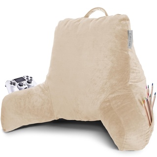 Clara Clark Lesekissen, Standard Rückenkissen zum Aufsetzen im Bett, Memory Foam Rückenstützkissen, Lesekissen zum Sitzen im Bett, Beige Creme Sit Up Kissen für Bett, Armkissen mit Taschen