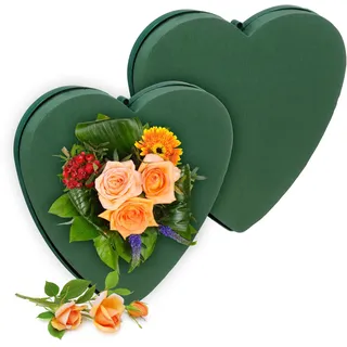 Relaxdays Steckschaum für Frischblumen, 2er Set, Herz, HBT: 26,5x26,5x4 cm, Blumengesteck zum Basteln, Schaumstoff, grün