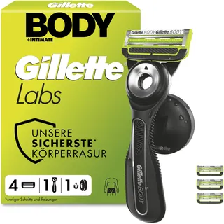 GilletteLabs Body & Intimate Rasierer Herren, Intimrasierer Mann mit Schutz gegen eingewachsene Haare und Irritationen — Inkl. Rasierhandstück für Körper und Intimbereich, Duschhalterung und 4 Klingen