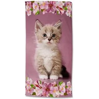 Strandtuch , Rosa, Rot, Altrosa , Textil , Katze , 75x150 cm , saugfähig, schnelltrocknend , Heimtextilien, Badtextilien, Strandtücher