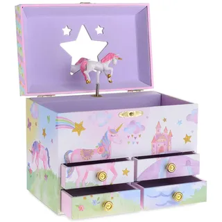 Jewelkeeper Einhorn Schmuckaufbewahrung - Musikalisches Schmuckkästchen für Kinder mit 4 Ausziehschubladen - Melodie Wunderschöner Träumer - Holz - 19,1 x 12,1 x 15 cm - Rosa