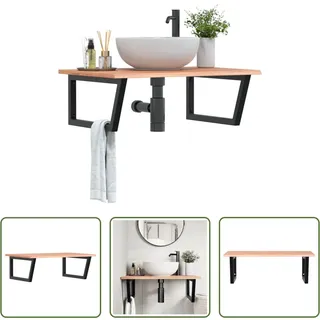 The Living Store Waschtischplatte mit Halterung Stahl und Massivholz Eiche - Braun