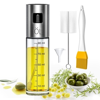 Leaflai Ölflaschen Ölsprüher, 100ML Air Fryer Glas Ölsprüher mit Pinsel und Trichter, Essigspray, Ölspray Küche zum Kochen, Grillen, Salat, Backen (1Stk)