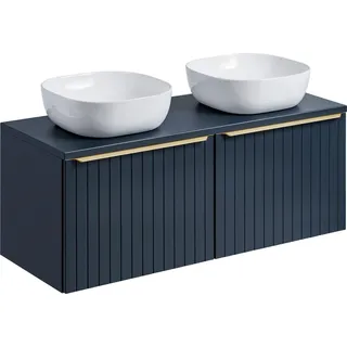 Badezimmerschrank 120 cm mit 2 Schubladen, Aufsatz und zwei Waschbecken