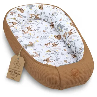 Babynest Neugeborene Nestchen Baby 50x90cm - Kokon Handmade zweiseitig aus Baumwolle Waffel mit Babynestchen Hirsch Braun