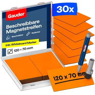 GAUDER Magnetetiketten beschreibbar - Wiederverwendbare Magnetschilder zum Beschriften für Whiteboard, Tafel, Kanban-Board und Kühlschrank - Magnetkarten mit Marker (30 Stück - 120 x 70 mm)