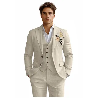 Herren-Anzüge, 3-teilig, schmale Passform, Leinen, Smoking, Anzug für Herren, Hochzeit, formell, Business-Anzug, Bräutigam, Abschlussball, Strand-Set, Outfits, Beige, XL