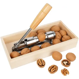 Relaxdays Retro Nussknacker Holz, Nussöffner, größenverstellbar, kraftsparend, mit Schale, Hebel, Metall, Silber/Natur