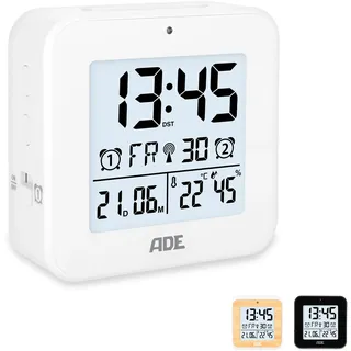 ADE Funkwecker digital mit Batterie | 2 Weckzeiten | Temperaturanzeige | Luftfeuchtigkeit | Reisewecker | Funkuhr mit DCF Zeitsignal | Schlummerfunktion | weiß
